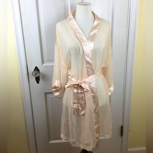 Vintage Dentelle Sheer Pink Kimono Dressing Robe with Sash Sz M